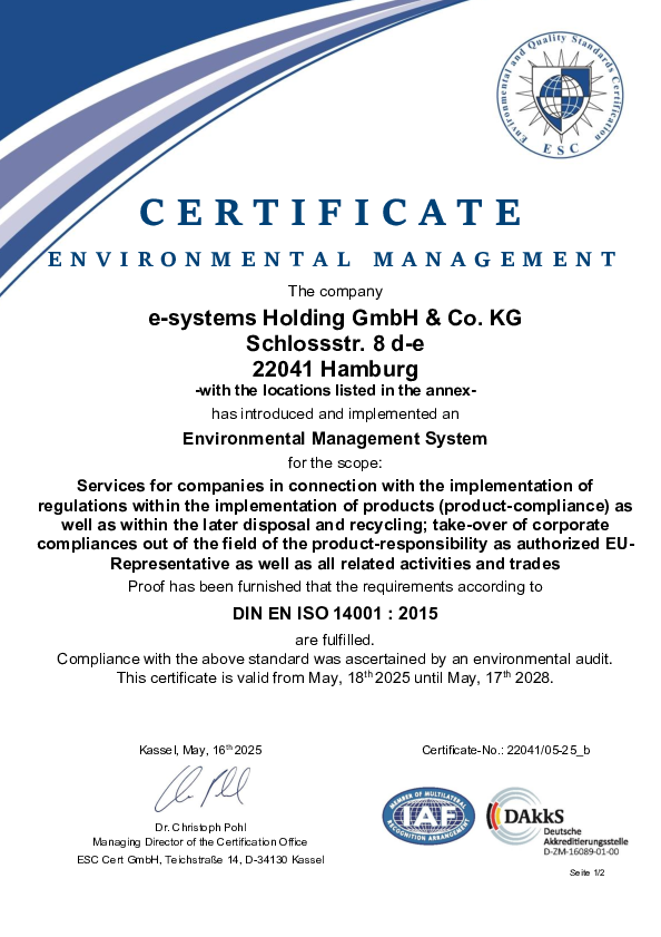 e-systems GmbH Environmental Management Certificate DIN EN ISO 14001:2015