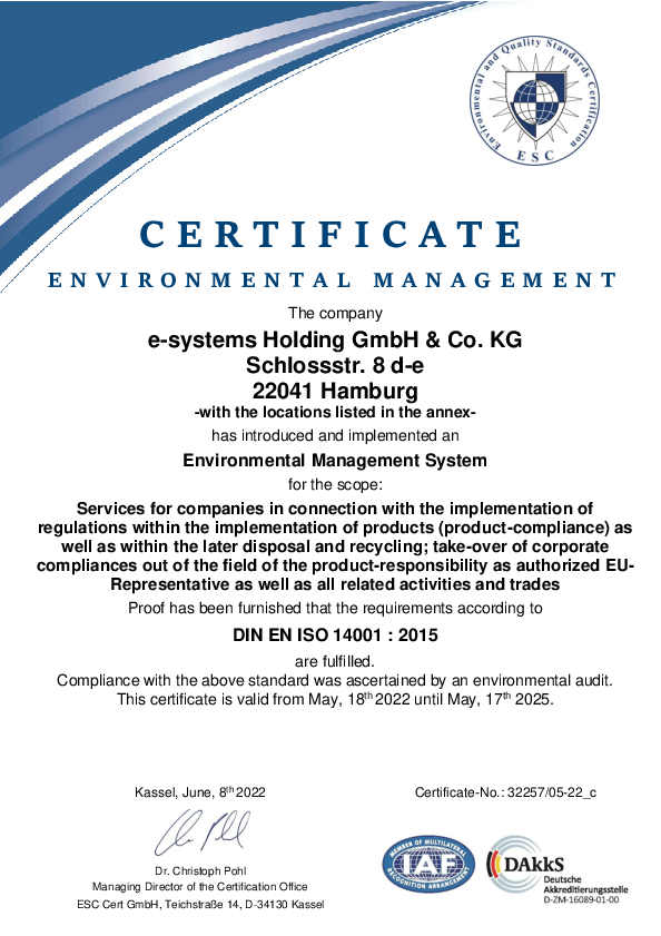 e-systems GmbH Environmental Management Certificate DIN EN ISO 14001:2015