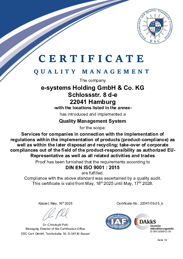 take-e-way Certificate Quality Management according DIN EN ISO 9001:2015